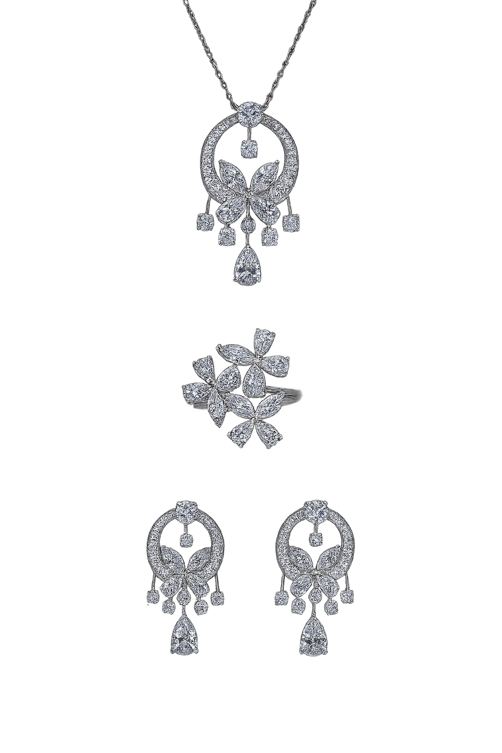 Lucky Butterfly Diamond Necklace Earrings and Ring Set