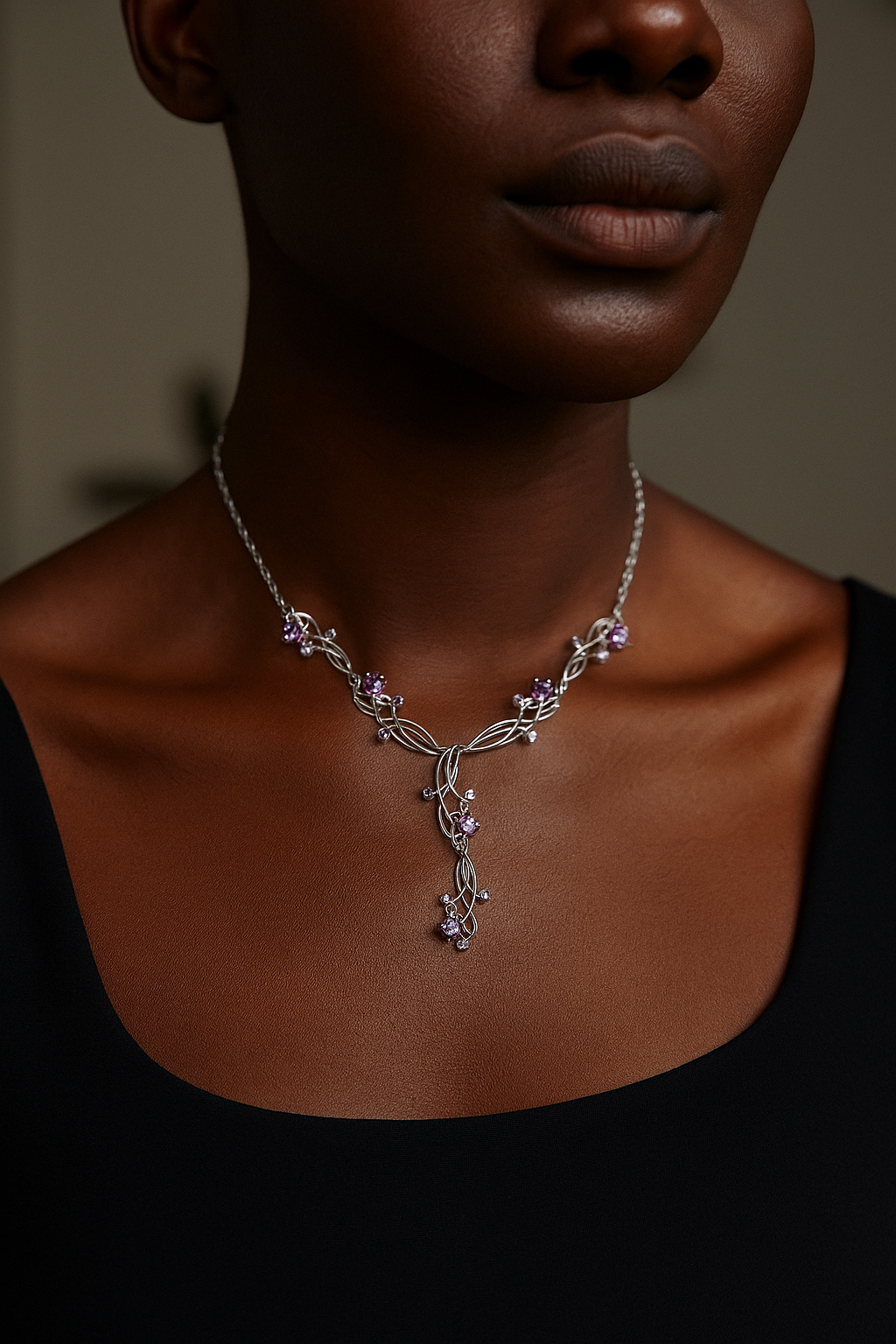 925 Sterling Silver Natural Amethyst Vine Necklace