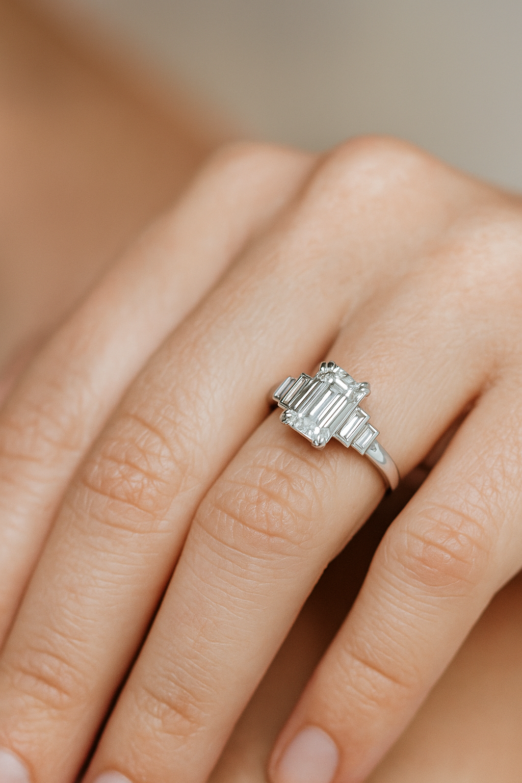 18K-gold Gatsby Three-Stone Engagement Lab-grown Diamond Ring（1ct/E/VS2）