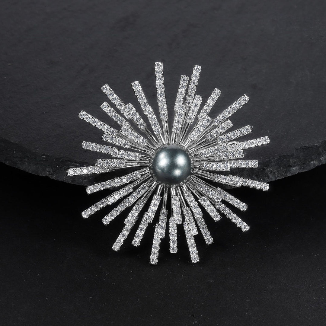 Silver and Diamond Firework Pearl Brooch