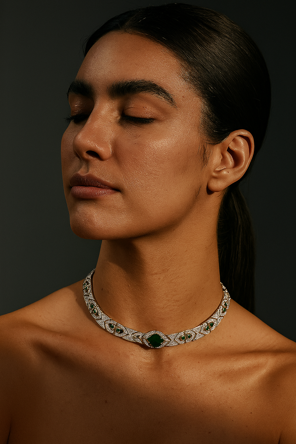 18K White Gold Emerald Diamond Choker Necklace